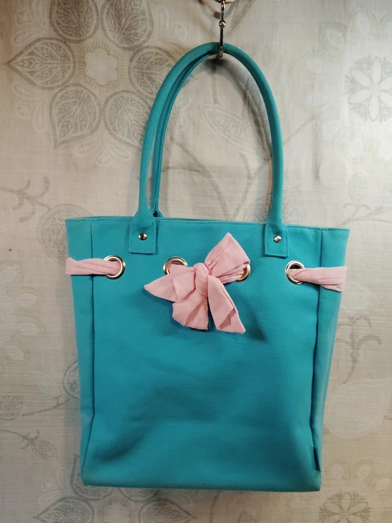Ralph Lauren Teal Shoulder Tote with Pink Bow Accent - Picture 1 of 5